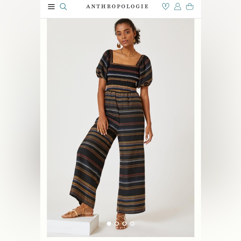 Anthropologie Black Striped Puff-Sleeve Jumpsuit